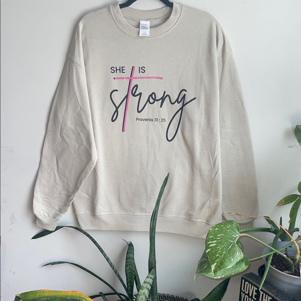 Hanes Cream Crew Neck Sweater - She Is Strong